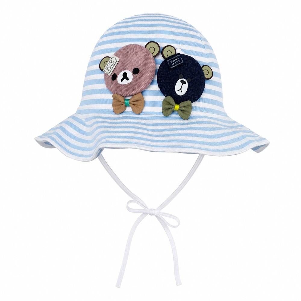 Baby Blue & White Striped Bear Bucket Sun Hat 48cm Toddler Kids UV Beach Cap